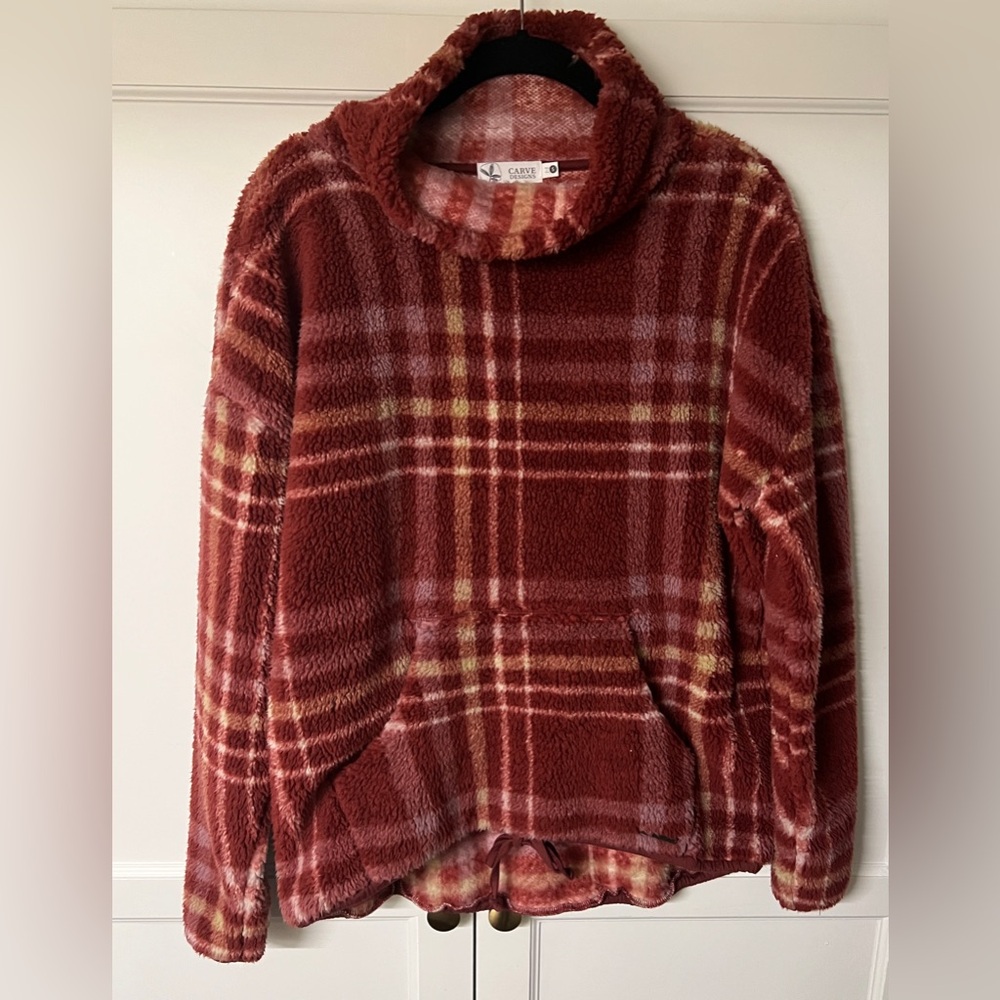 Riley Cowl Pullover Carve Designs Size S Color is Brock plaid